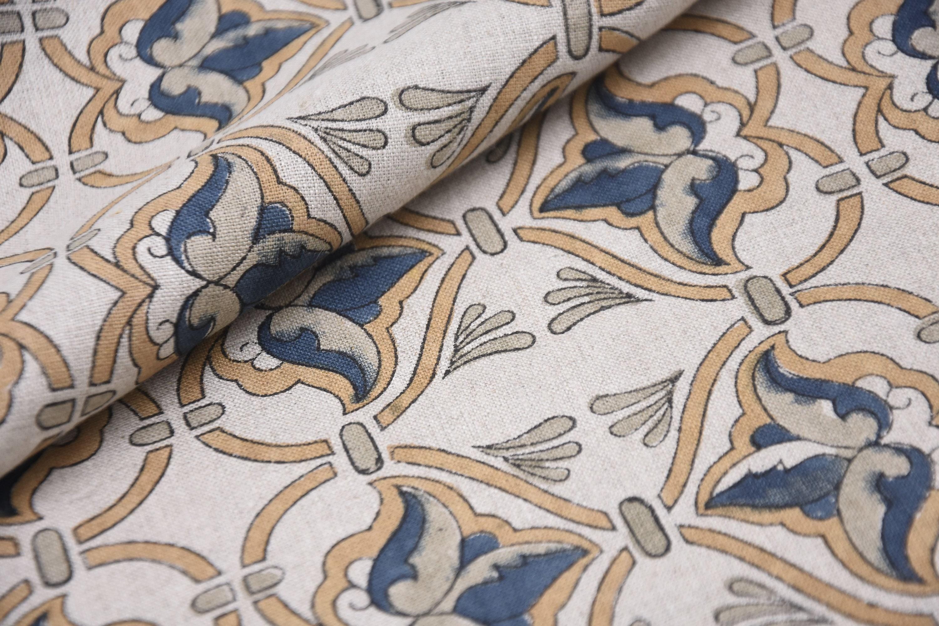 Linen Block Print Fabric 58 Inch Width Medium Weight Linen Natural Base Color Curtains and Drapes Upholstery Handmade Art and Runners Bedding Tote Bag Lampshades Napkins by Fabritual