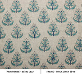 Handcrafted Block Printed Designer Blue Floral Thick Linen Fabric For Bedroom - BETEL LEAF