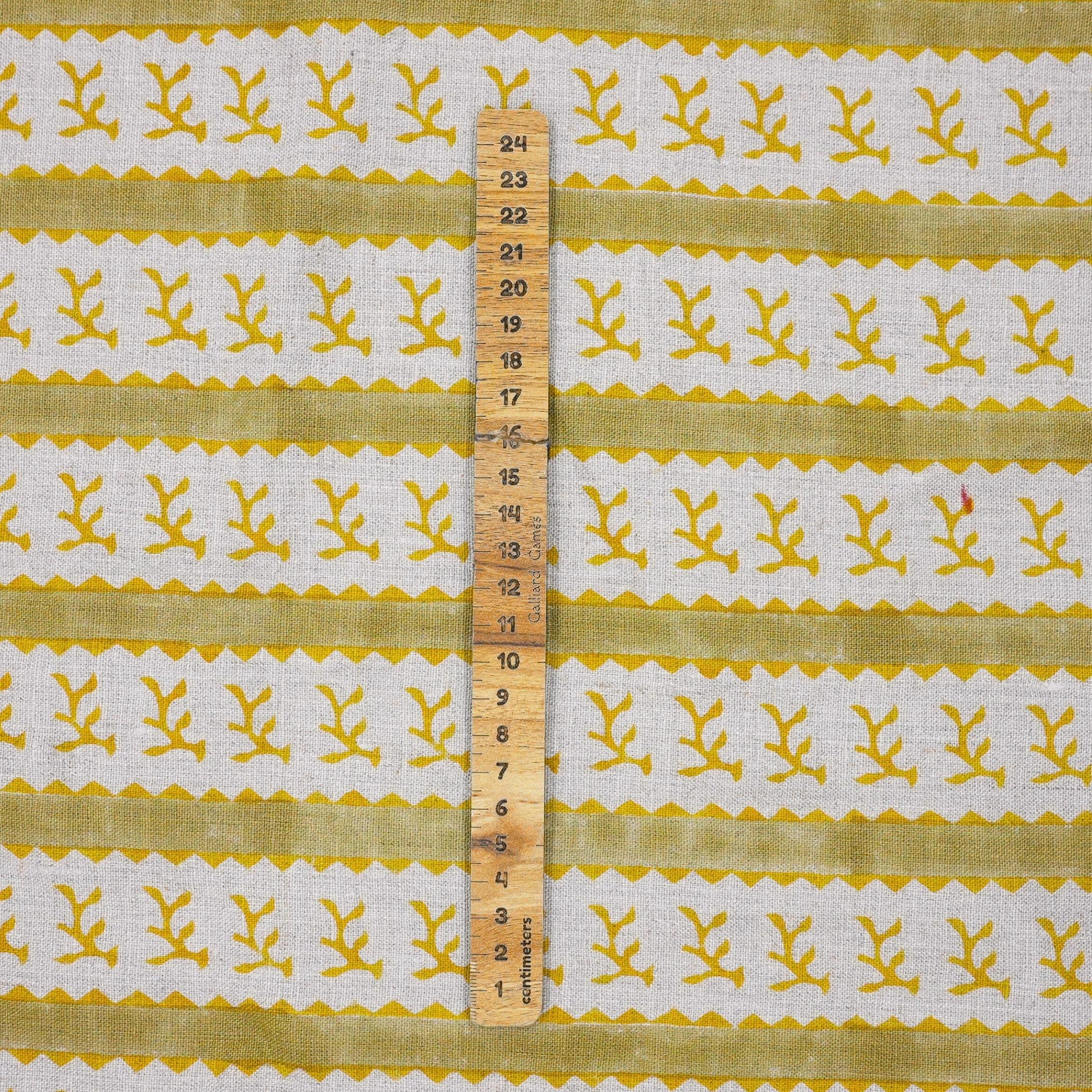 Hand Block Printed Decorative Mustard and Green Floral Pure Linen Fabric for Upholstery - Phool Dali