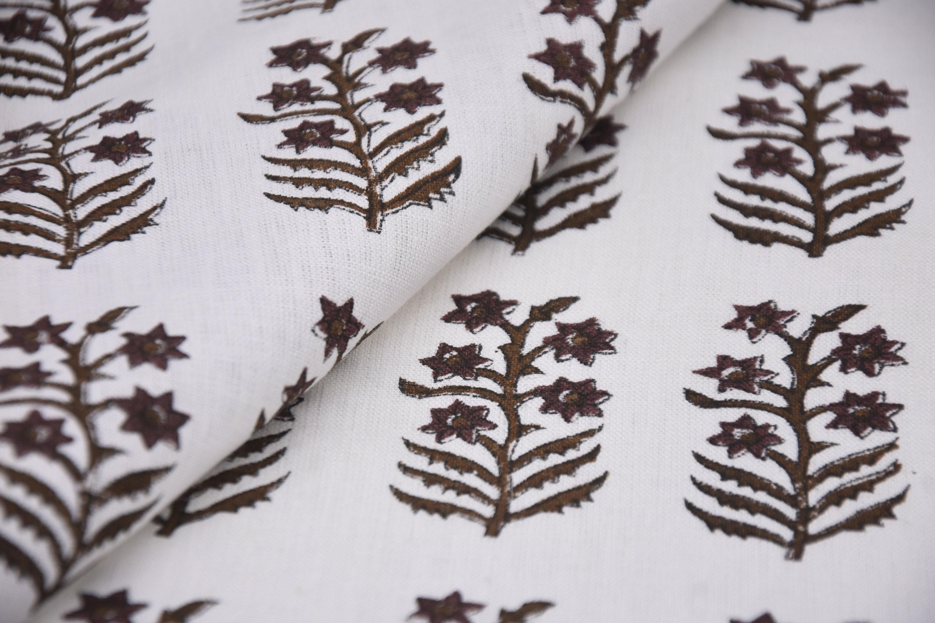 Block Printed Pure White Linen Decorative Black and Silver Floral Fabric for Window Blinds - Inderdhanush