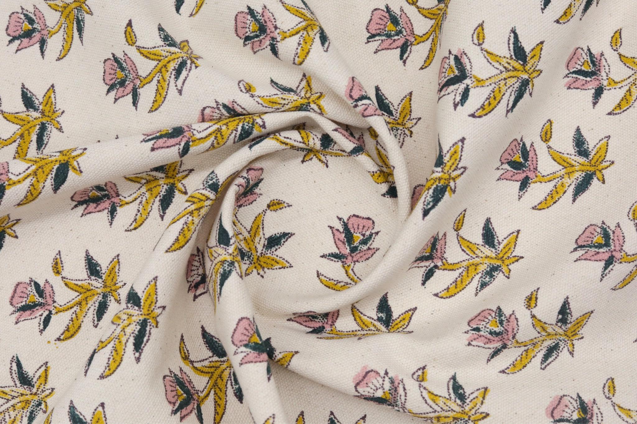 Cotton Block Print Fabric 50 Inch Width Medium Weight Duck Canvas Beige Base Color Tablecloths and Runners Curtains and Drapes Pillow Cover Curtains and Drapes  Bedding Tote Bag Lampshades by Fabritual