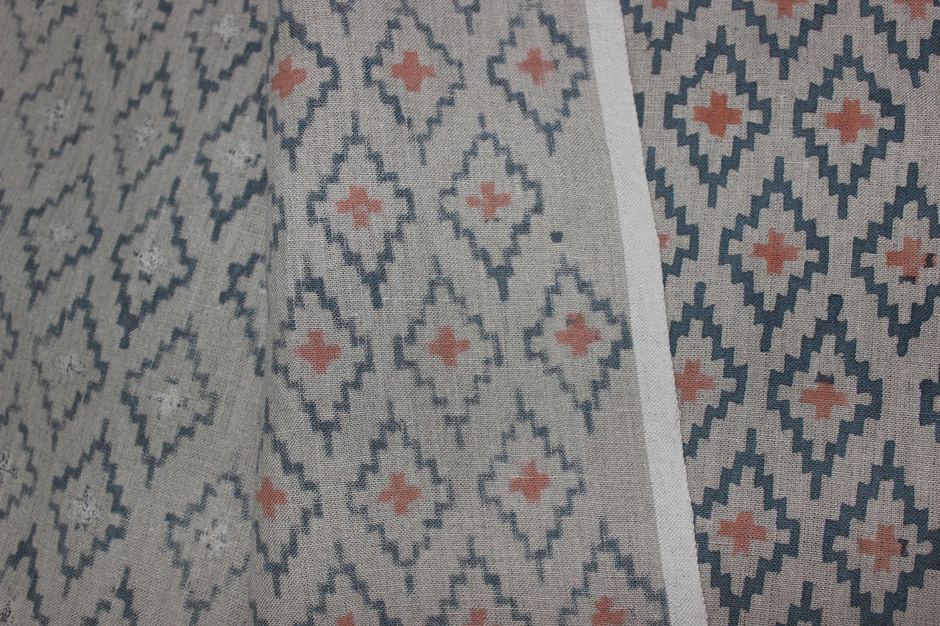 Linen Block Print Fabric 58 Inch Width Heavy Weight Linen Natural Base Color Curtains and Drapes Upholstery Handmade Art Tablecloths and Runners Bedding Tote Bag Lampshades Napkins by Fabritual