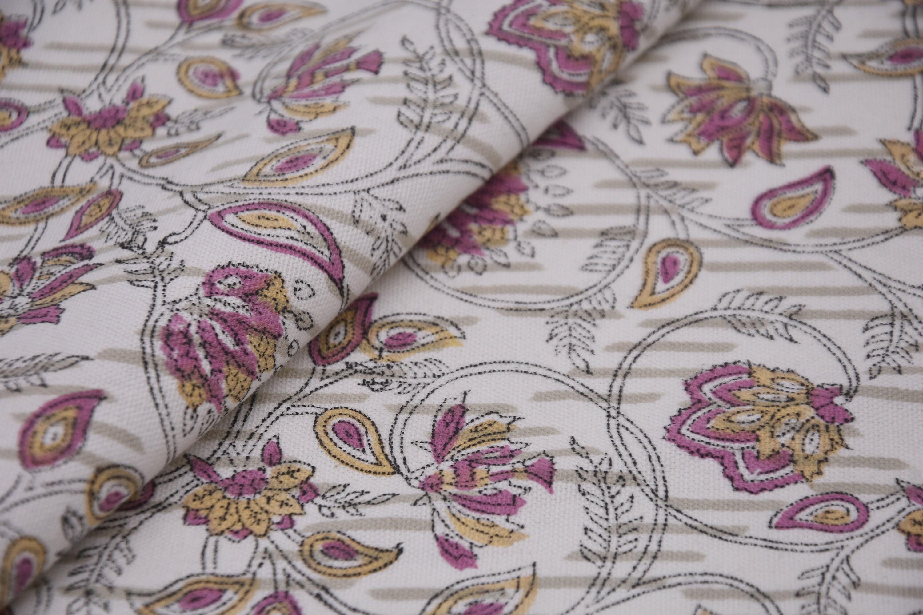 Linen Block Print Fabric Thick Cotton White 60 Inch Width Medium Weight Linen White Base Color Curtains and Drapes Handmade Art Pillow Covers Tablecloths and Runners Bedding Tote Bag Lampshades Napkins by Fabritual