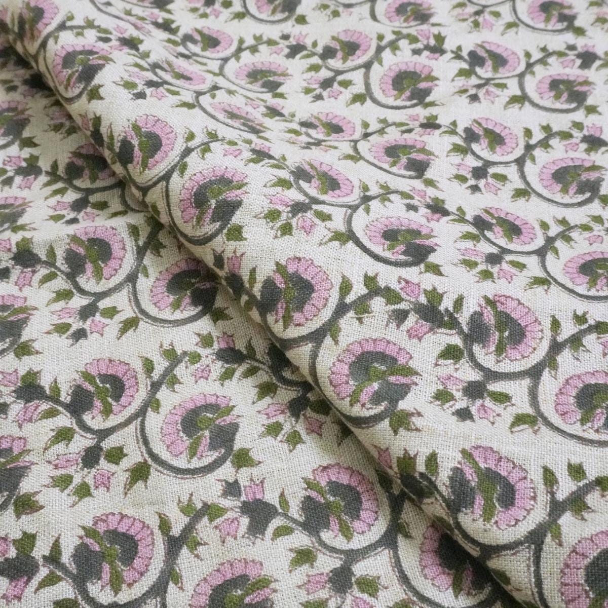 Earthy Toned Block Print Linen Fabric, 58” Width for Bedding and Window Treatments Handcrafted Linen Block Print Fabric, Durable Material for Totes and Table Runners Rustic Heavy Linen Fabric with Traditional Block Prints for Drapery and Accent Pillows .
