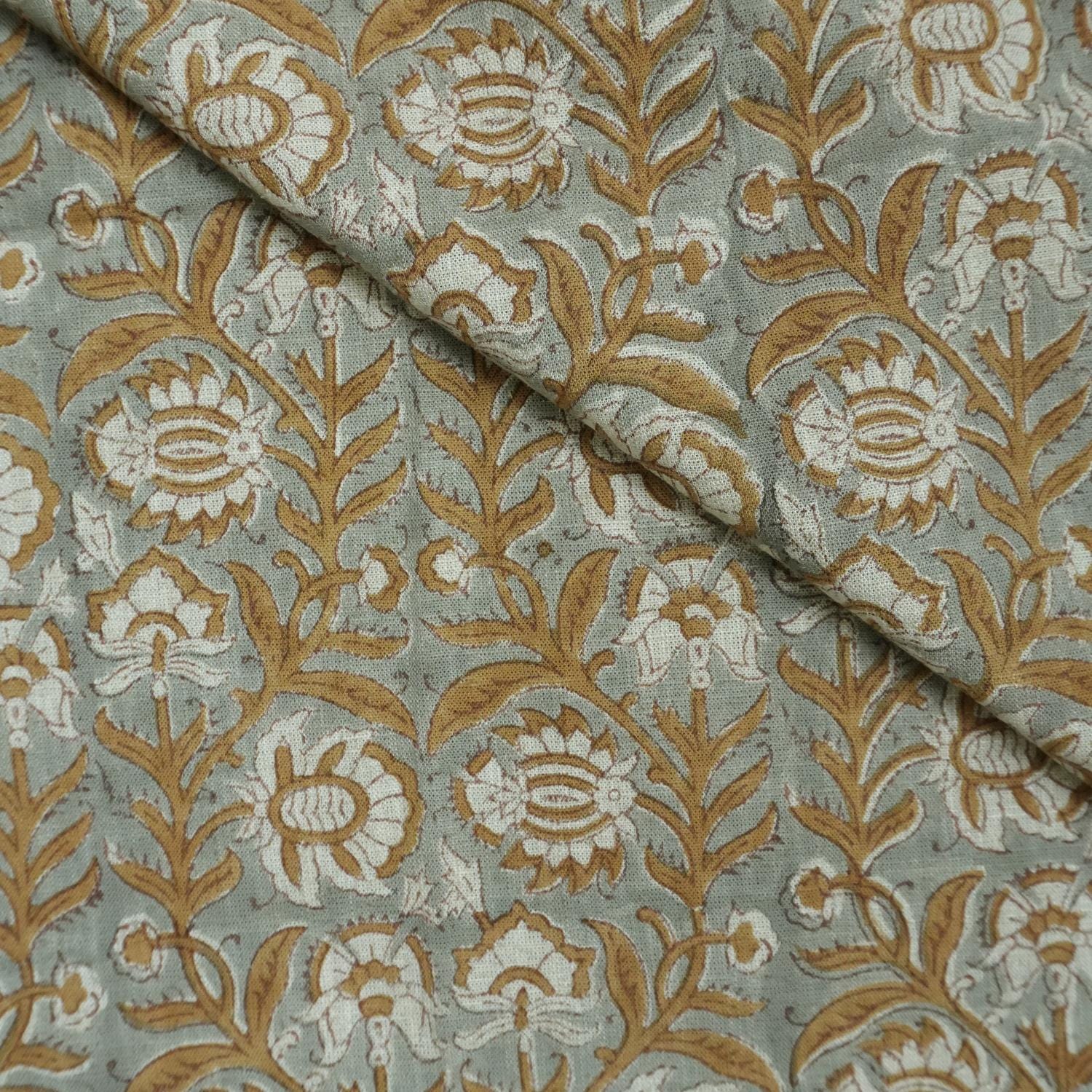 BROWN FLORAL MOTIF HAND BLOCK PRINT VISCOSE LINEN INDIAN FABRIC CURTAINS AND TABLE LINENS - JYOTI