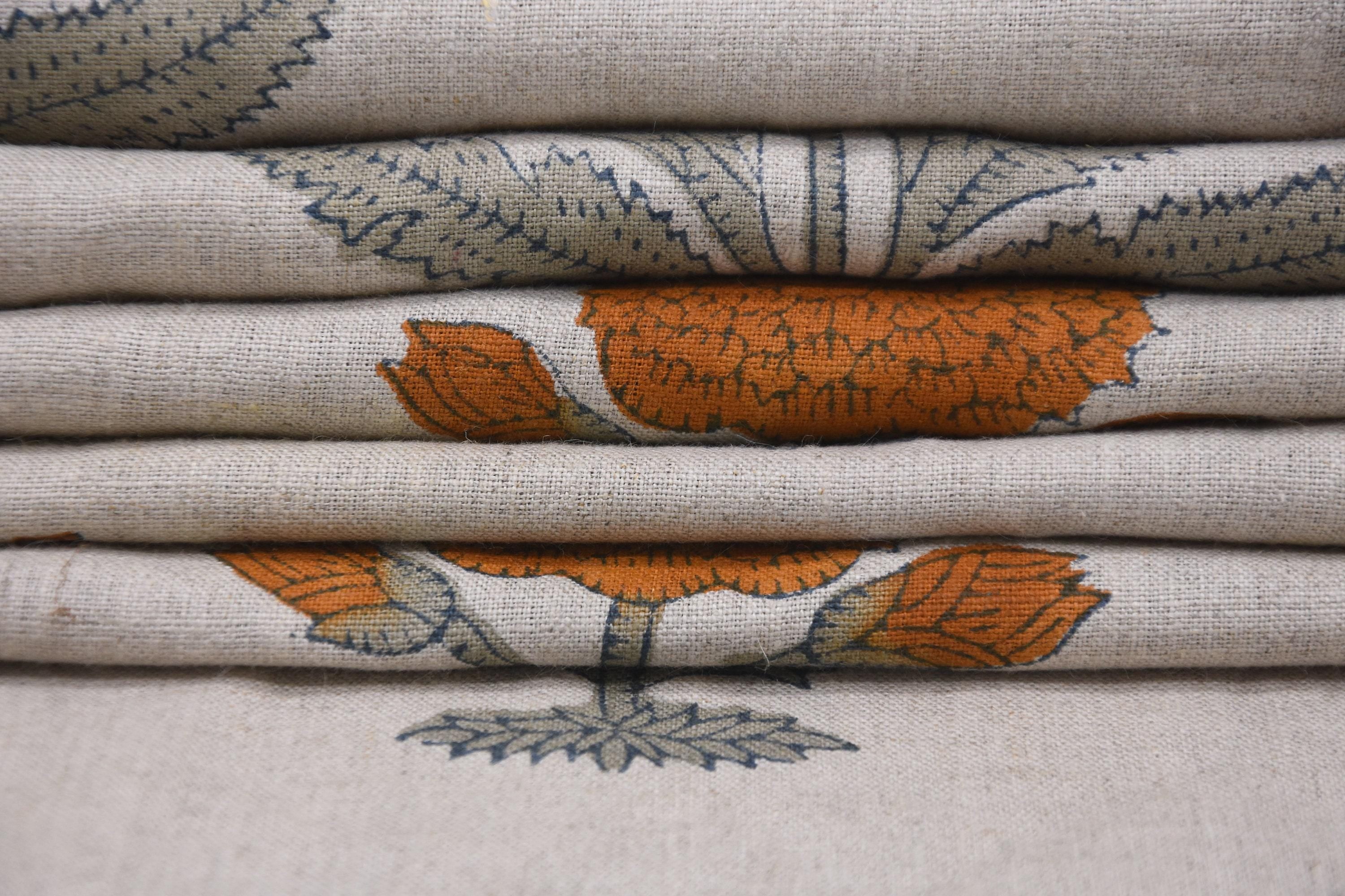 Linen Block Print Fabric 58&quot; Width Medium Weight Linen Natural Base Color Curtains and Drapes Upholstery Pillow Covers Bedding Tote Bag Lampshades Napkins by Fabritual