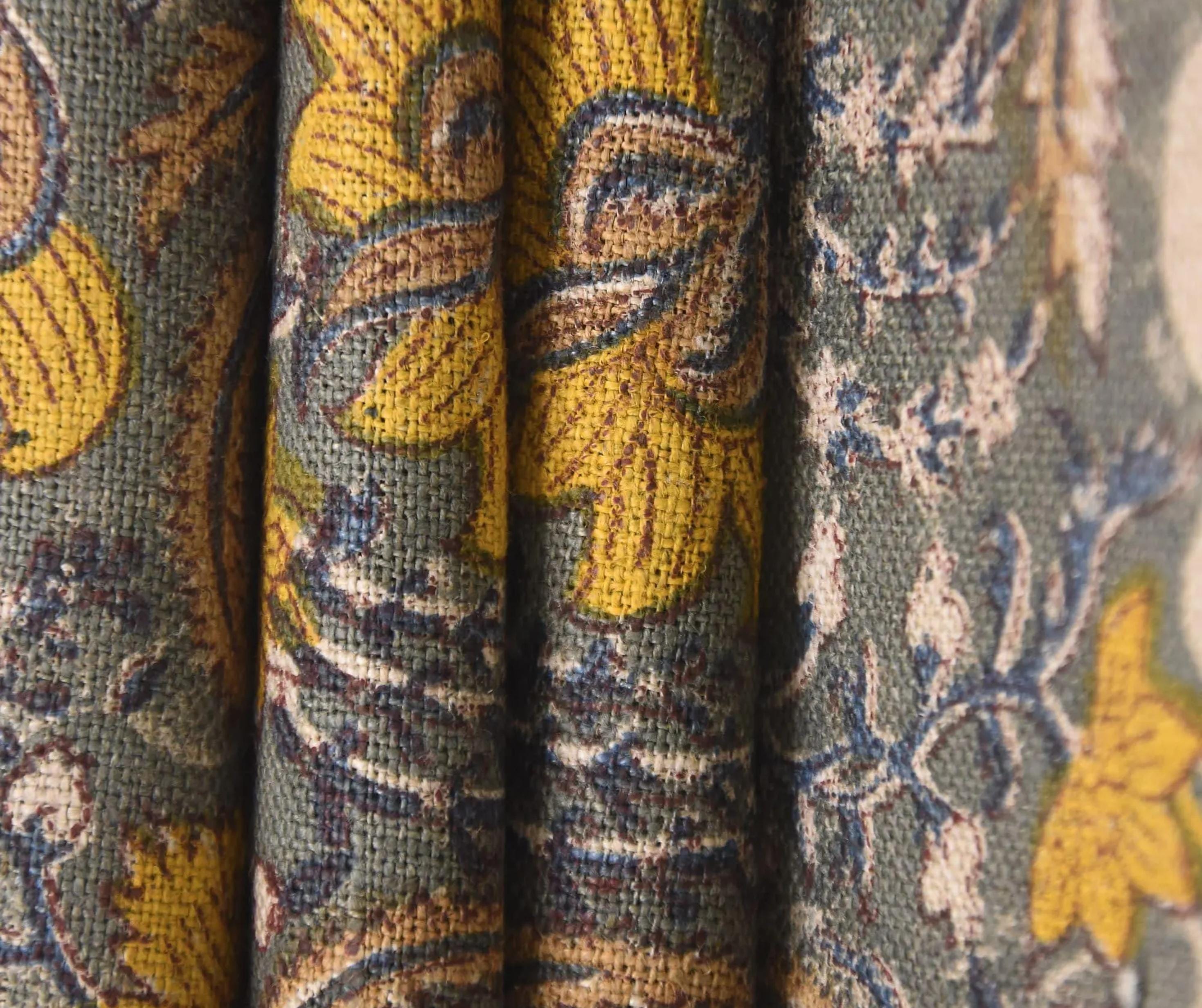 Linen Block Print Fabric 58 Inch Width Heavy Weight Linen Natural Base Color Curtains and Drapes Upholstery Handmade Art Pillow Covers Tablecloths and Runners Bedding Tote Bag Lampshades Napkins by Fabritual