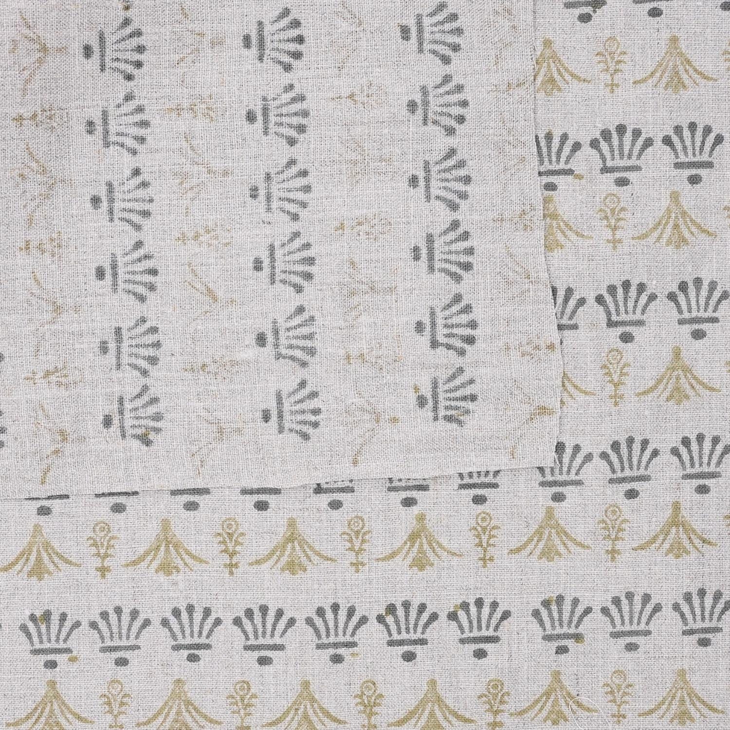 Indian Hand Block Hastakala Print Gray Floral Pure Linen Throw Fabric for Table Cover