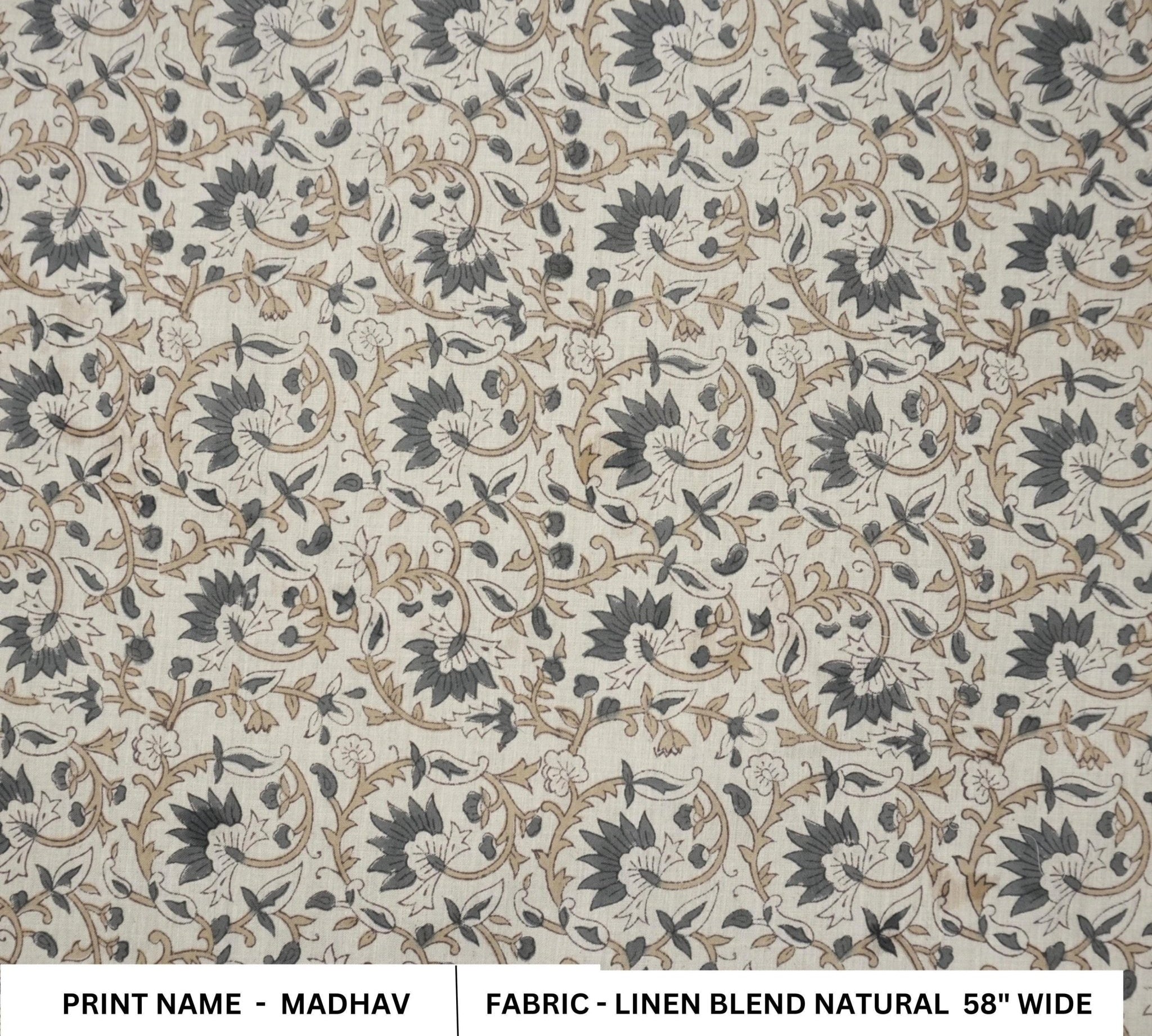 Linen Block Print Fabric Linen Blend 58 Inch Width Light Weight Linen Natural Base Color Curtains and Drapes Upholstery Handmade Art Pillow Covers Tablecloths and Runners Bedding Tote Bag Lampshades Napkins by Fabritual