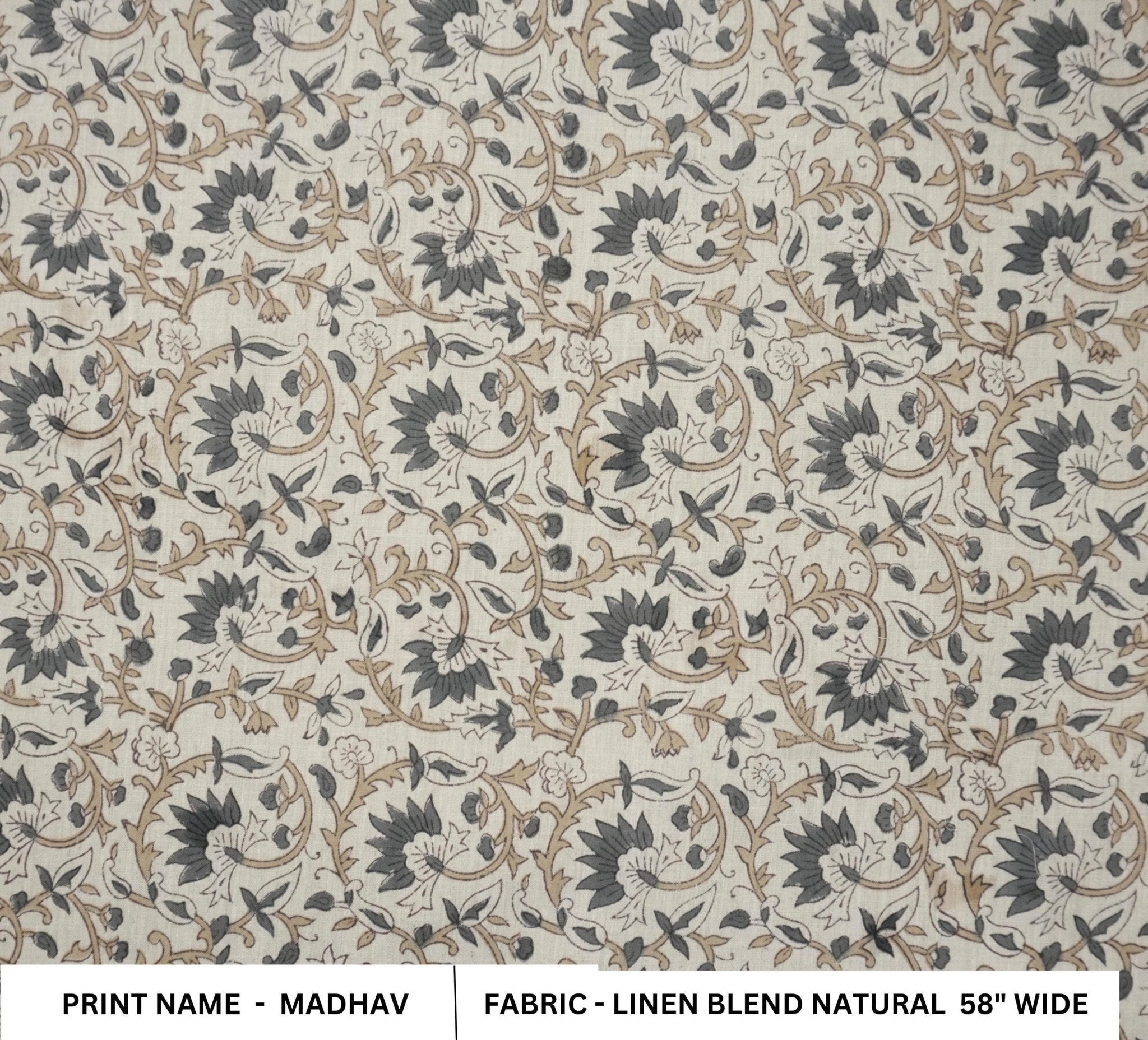 Linen Block Print Fabric Linen Blend 58 Inch Width Light Weight Linen Natural Base Color Curtains and Drapes Upholstery Handmade Art Pillow Covers Tablecloths and Runners Bedding Tote Bag Lampshades Napkins by Fabritual