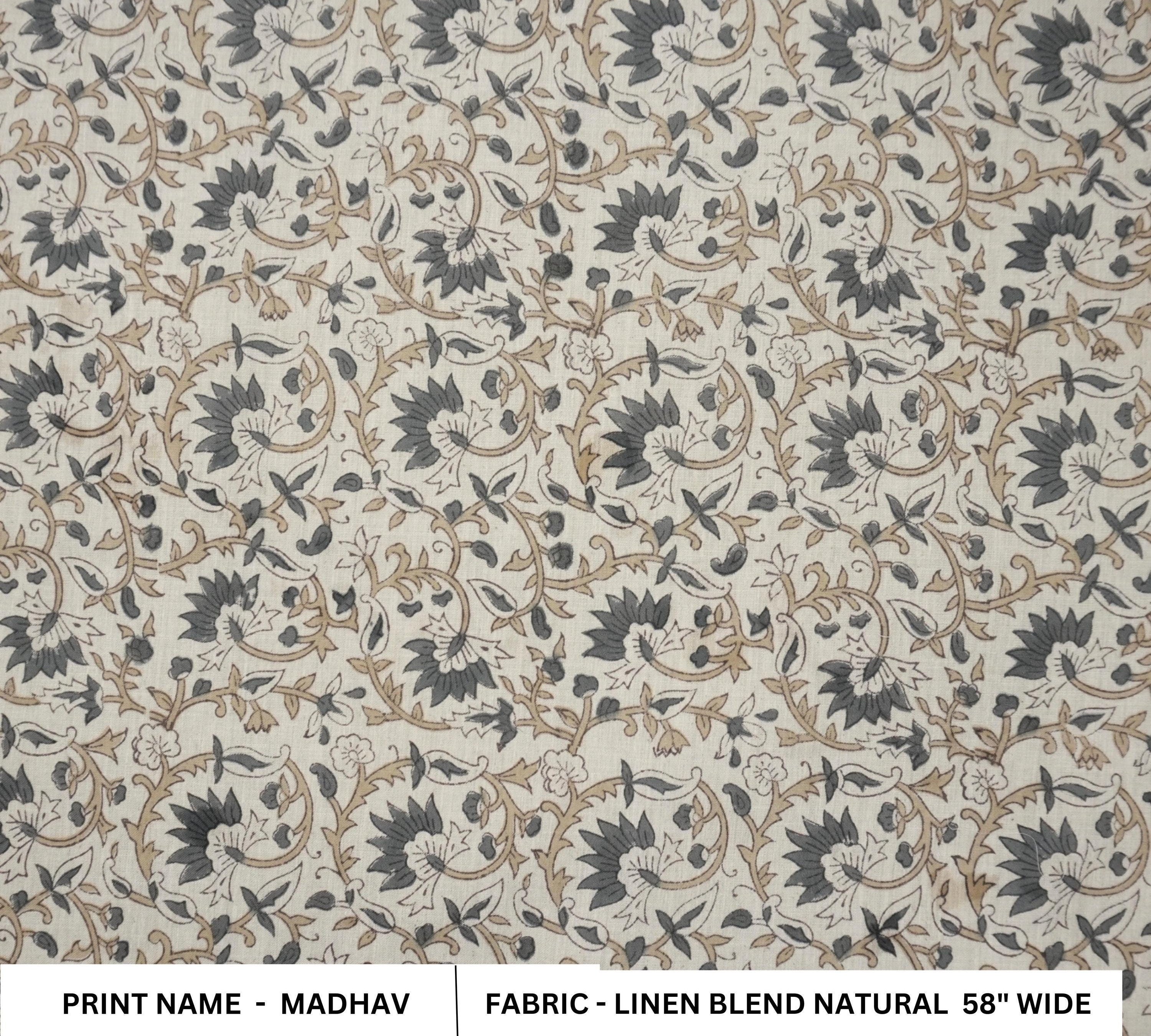 Linen Block Print Fabric Linen Blend 58 Inch Width Light Weight Linen Natural Base Color Curtains and Drapes Upholstery Handmade Art Pillow Covers Tablecloths and Runners Bedding Tote Bag Lampshades Napkins by Fabritual