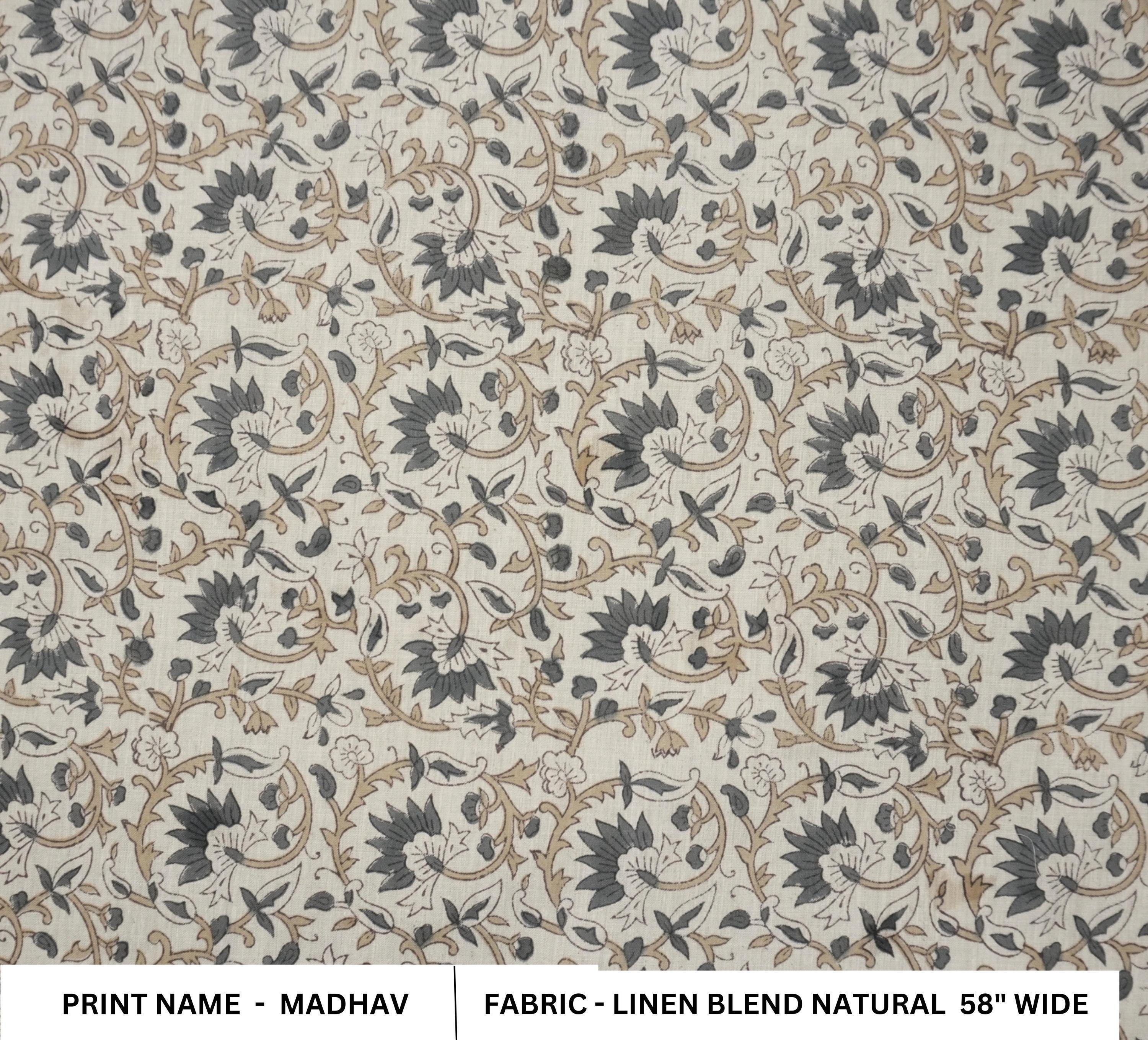 Linen Block Print Fabric Linen Blend 58 Inch Width Light Weight Linen Natural Base Color Curtains and Drapes Upholstery Handmade Art Pillow Covers Tablecloths and Runners Bedding Tote Bag Lampshades Napkins by Fabritual