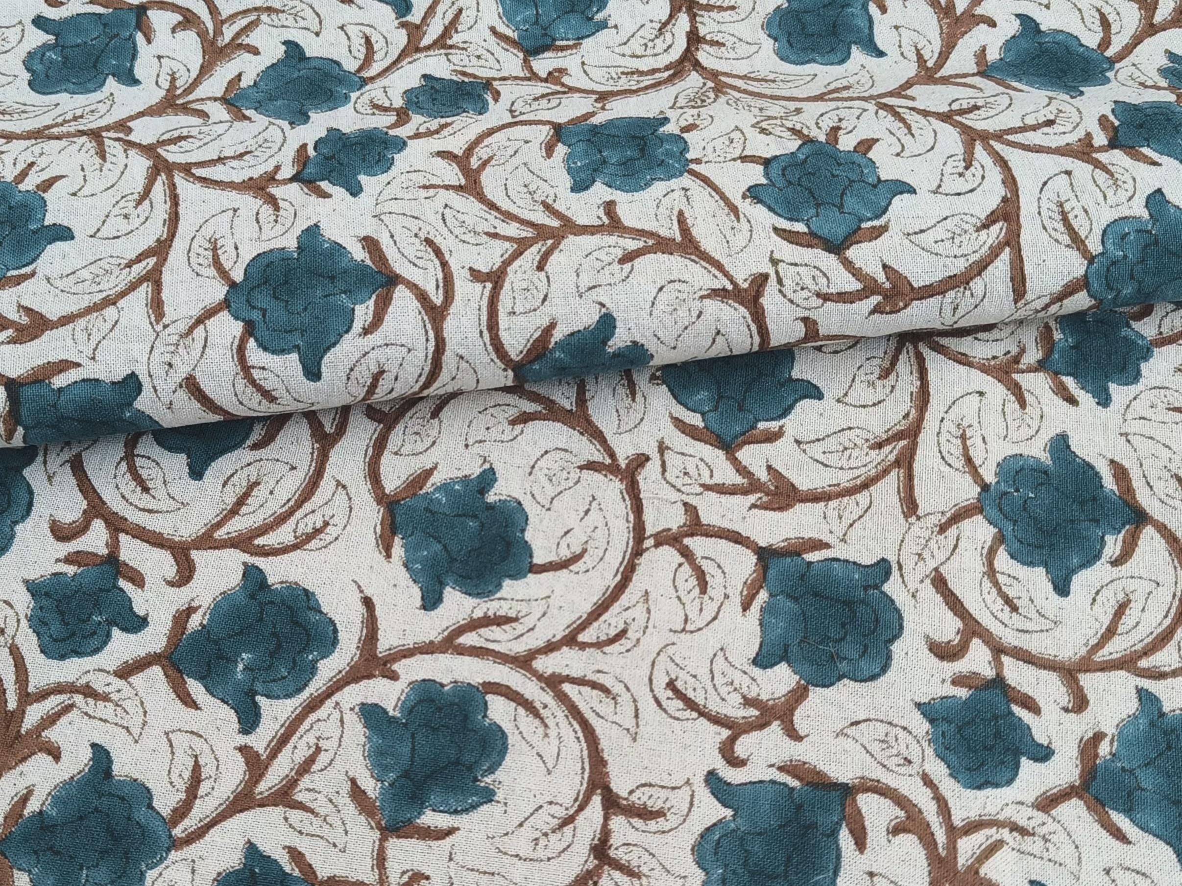 Linen Block Print Fabric 58 Inch Width Medium Weight Linen Natural Base Color Curtains and Drapes Upholstery Floral Pillow Covers Tablecloths and Runners Bedding Tote Bag Lampshades Napkins by Fabritual