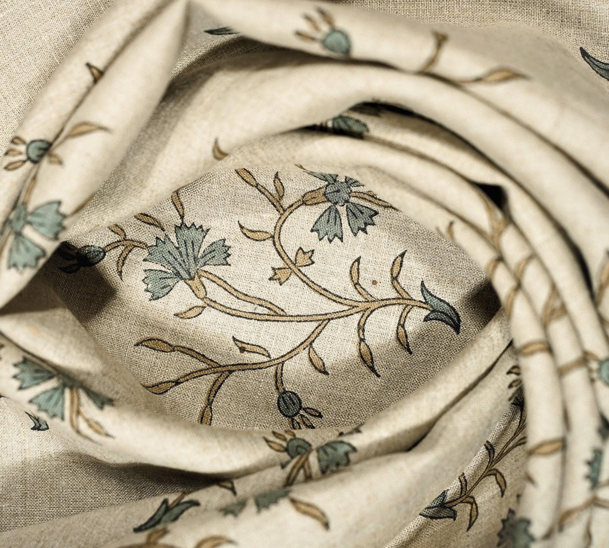 Linen Block Print Fabric 58 Inch Width Medium Weight Linen Natural Base Color Curtains and Drapes Upholstery Handmade Art Pillow Covers Tablecloths and Runners Bedding Tote Bag Lampshades Napkins by Fabritual