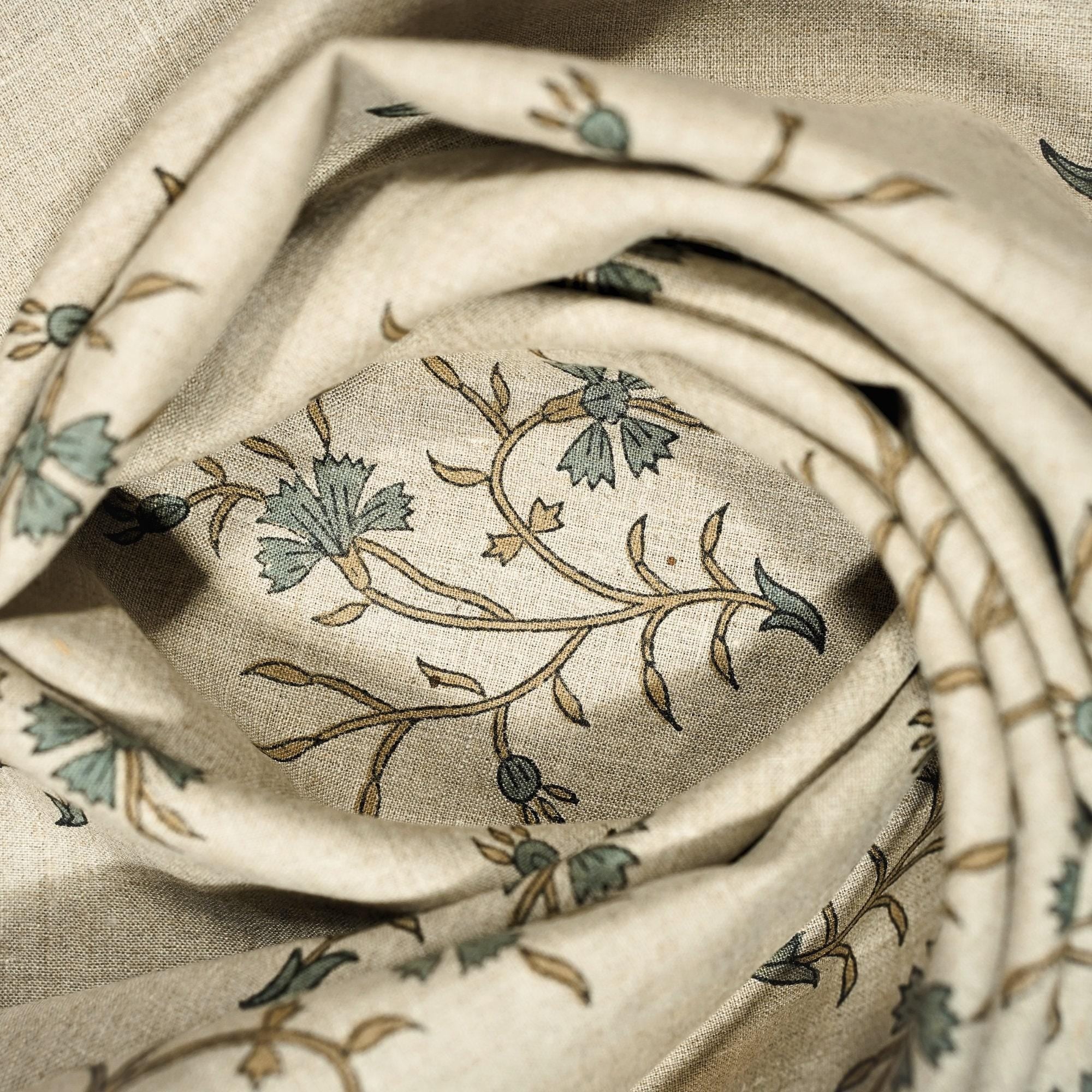 Linen Block Print Fabric 58 Inch Width Medium Weight Linen Natural Base Color Curtains and Drapes Upholstery Handmade Art Pillow Covers Tablecloths and Runners Bedding Tote Bag Lampshades Napkins by Fabritual