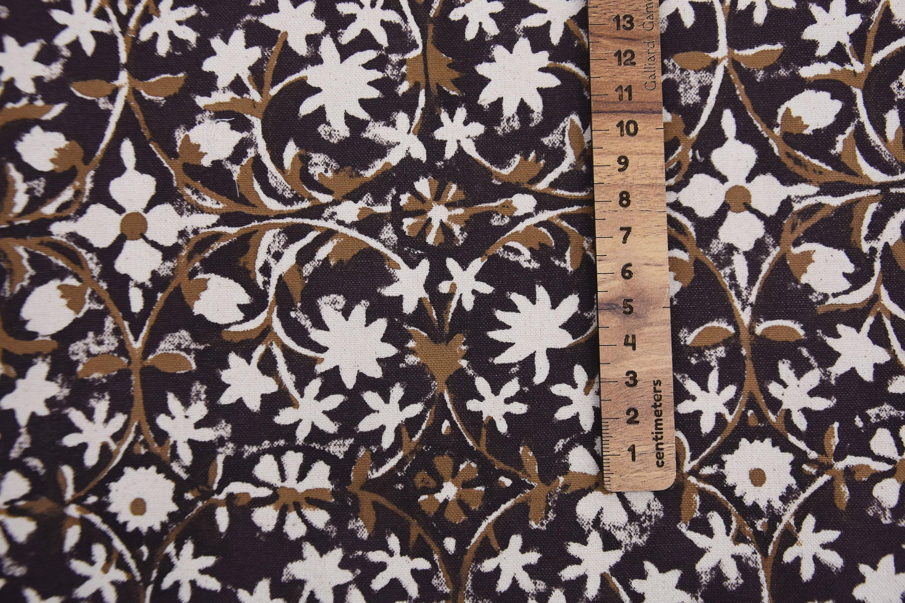 Indian Hand Block Printed Duck Canvas Dark Purple and Bronze Floral Fabric for Cushion Covers – Mahalakshmi