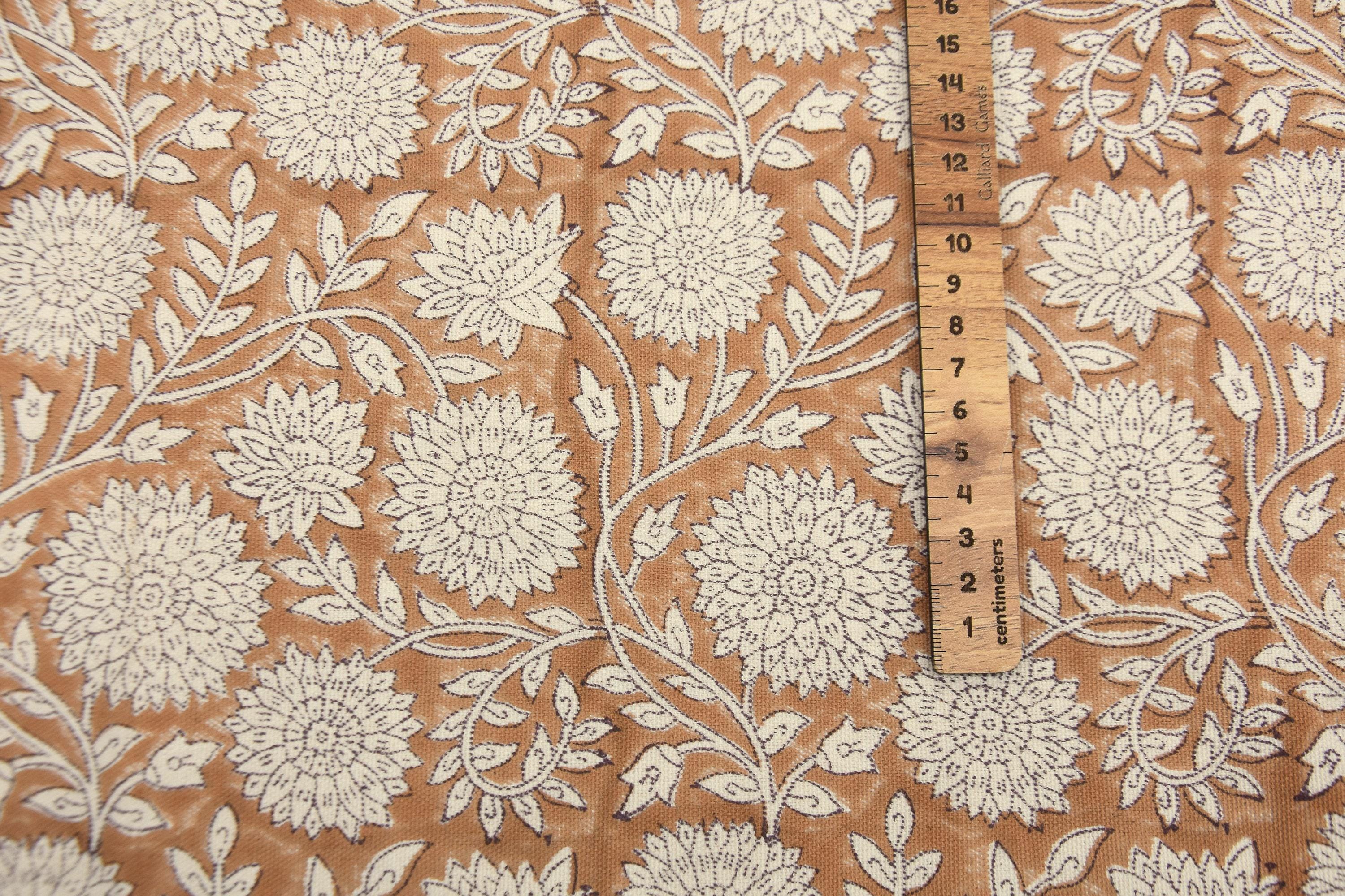 Block Printed Duck Canvas Fabric in Mediumweight Material in Bronze and Beige Floral for Window Curtains - RAJAT