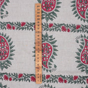 Wooden Block Printed Boho Pink and Gray Decorative Floral Pure Linen Fabric for Curtains - Lakshita