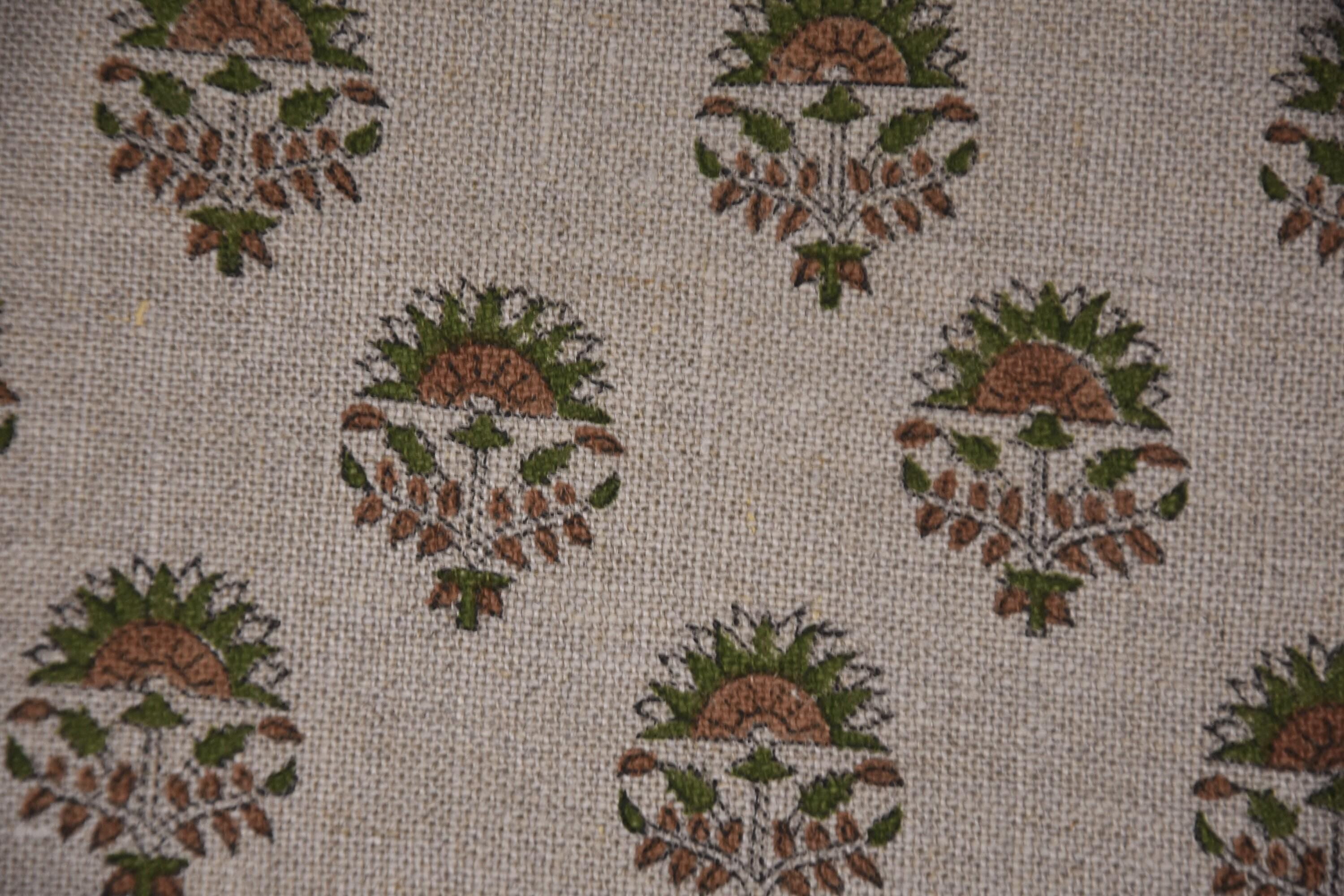 Linen Block Print Fabric 58&quot; Width Heavy Linen Natural Base Color Curtains and Drapes Covers Tablecloths and Runners Bedding Tote Bag by Fabritual