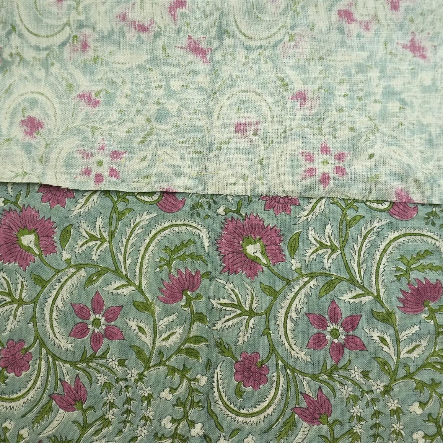 Indian Block Printed Premium Pure Linen Fabric in Rose and Mustard Green Floral for Couch & Sofa Covers - Kundanvan