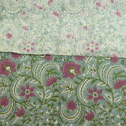 Indian Block Printed Premium Pure Linen Fabric in Rose and Mustard Green Floral for Couch & Sofa Covers - Kundanvan