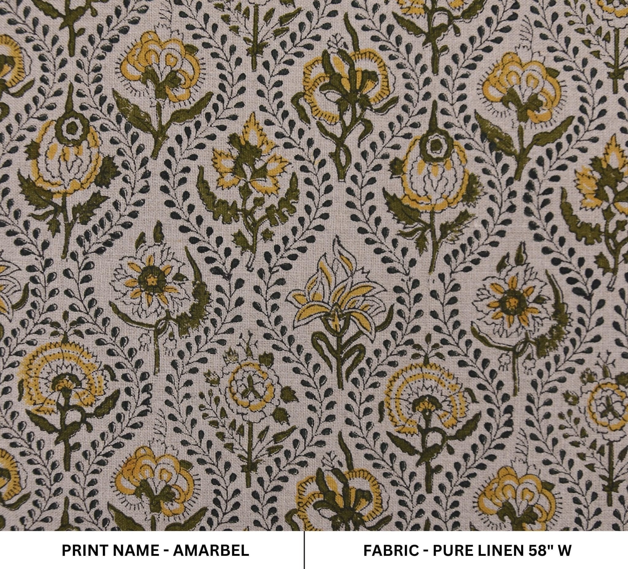 Linen Block Print Fabric 58 Inch Width Medium Weight Linen Natural Base Floral Color Curtains and Drapes Upholstery Pillow Covers Tablecloths and Runners Bedding Tote Bag Lampshades Napkins by Fabritual