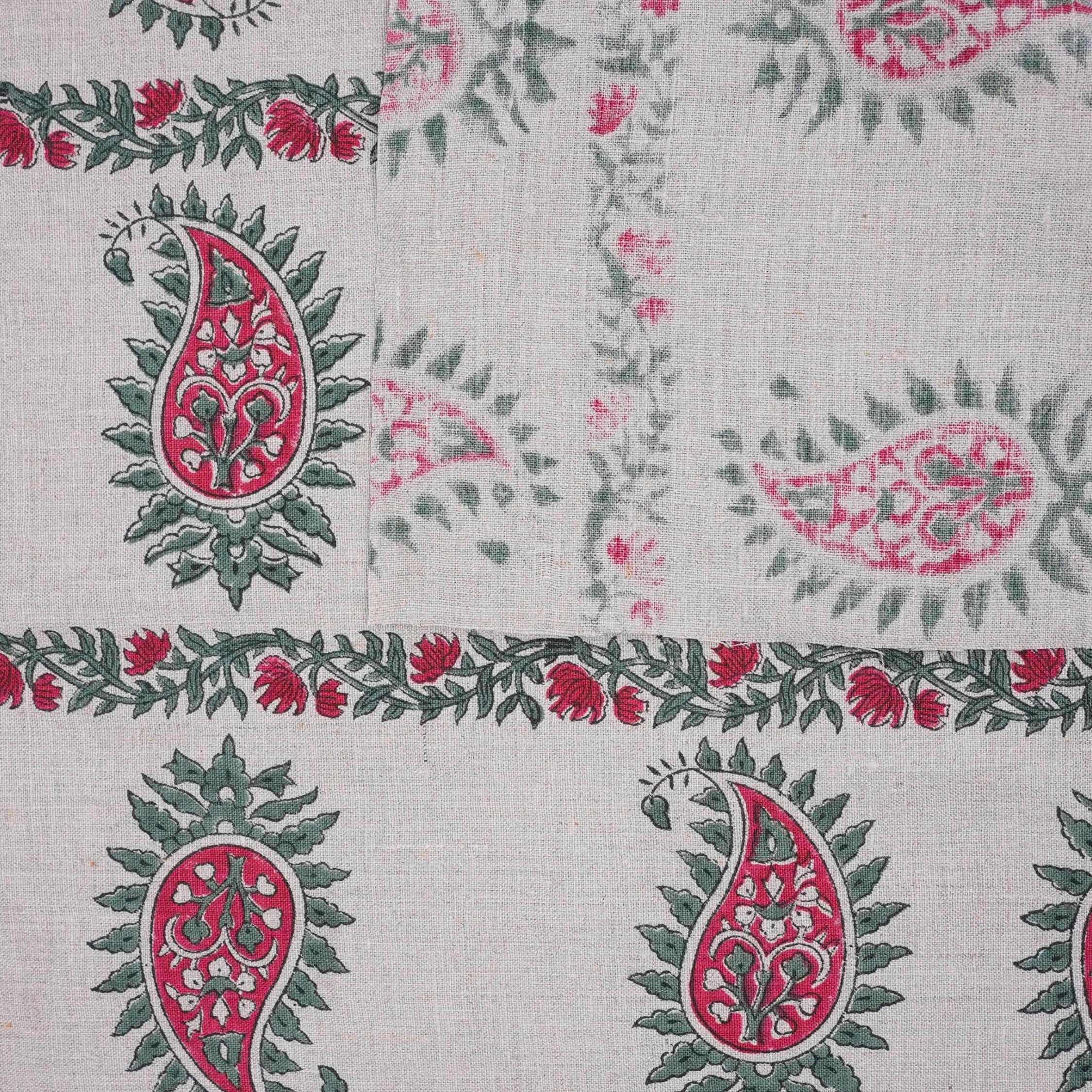 Wooden Block Printed Boho Pink and Gray Decorative Floral Pure Linen Fabric for Curtains - Lakshita