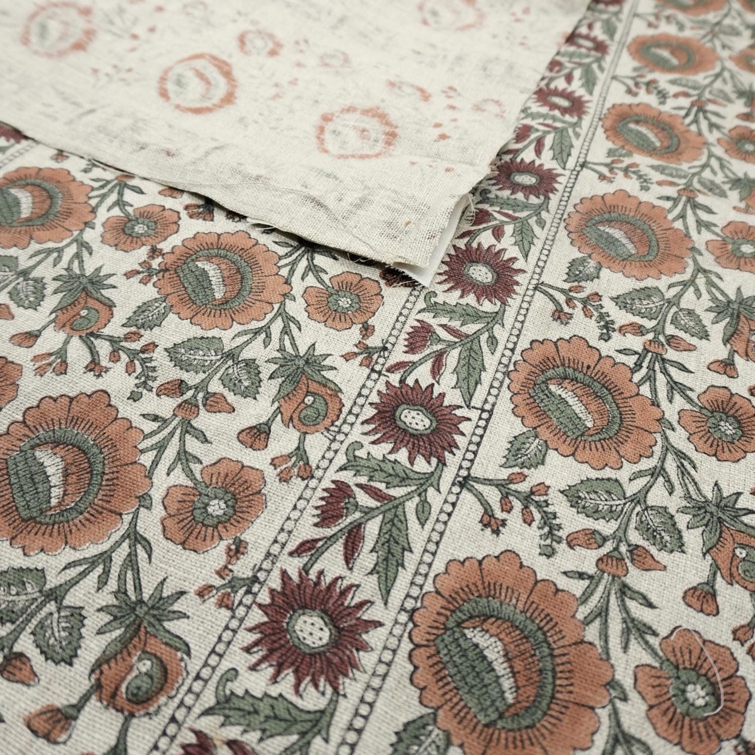 Linen Block Print Fabric 58 Inch Width Heavy Weight Linen Natural Base Color Curtains and Drapes Upholstery Handmade Art Pillow Covers Tablecloths and Runners Bedding Tote Bag Lampshades Napkins