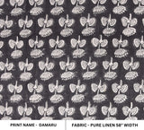 Handmade Block Printed 100% Pure Linen Pastel Gray and Black Olive Floral Fabric for Cushion Covers – Damaru