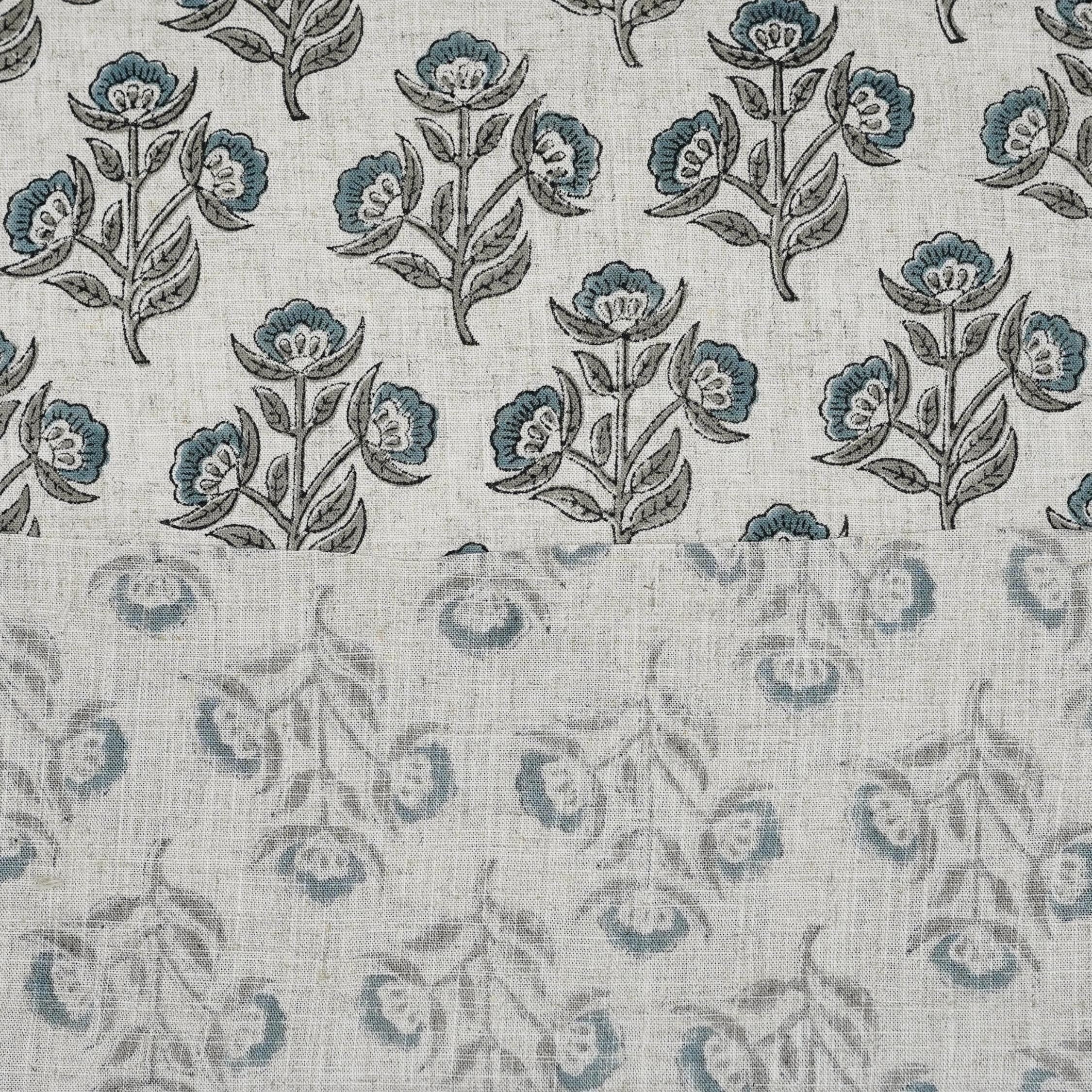 Handmade Bluish and Gray Floral Block Printed Viscose Linen Fabric 58" Wide for Pillows, Curtains – BELPATRA