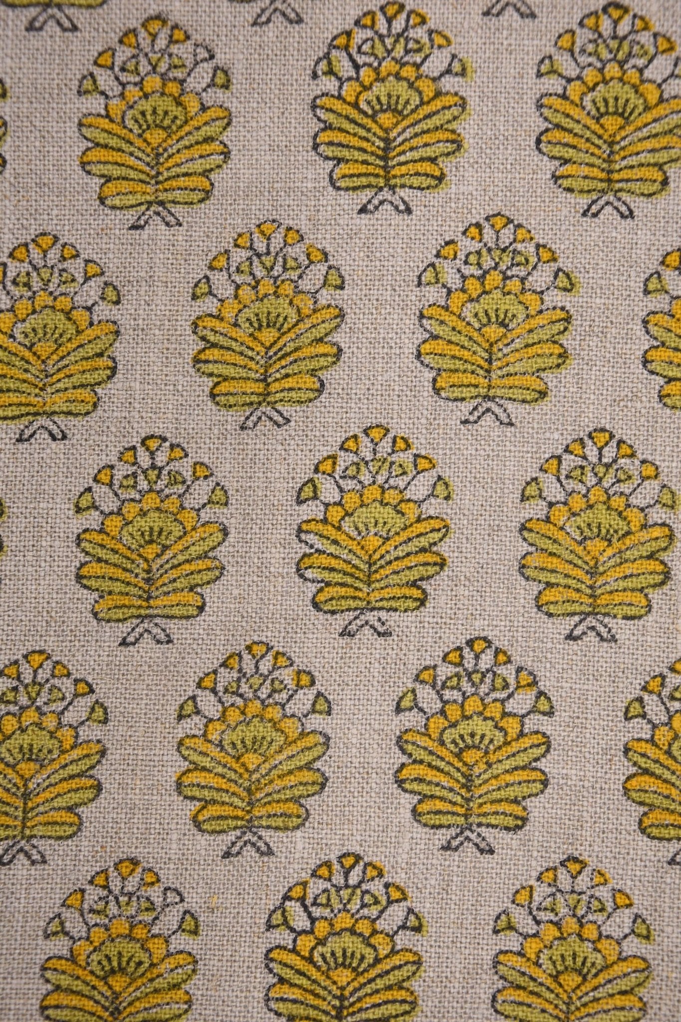 Indian Made Block Printed Thick Pure Linen 58" Wide Yellow and Green Floral Fabric for Sofa Covers – Bheeshma