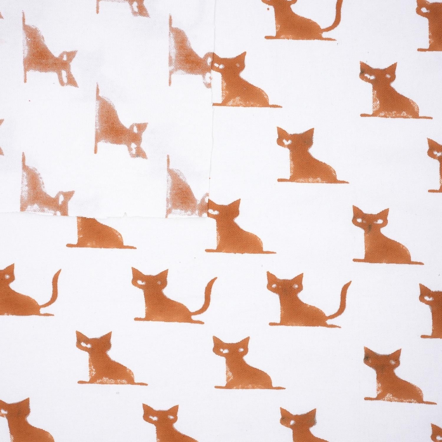 Indian Hand Block Brown Cat Print on Thick Cotton White Decortive Home Decor Fabric