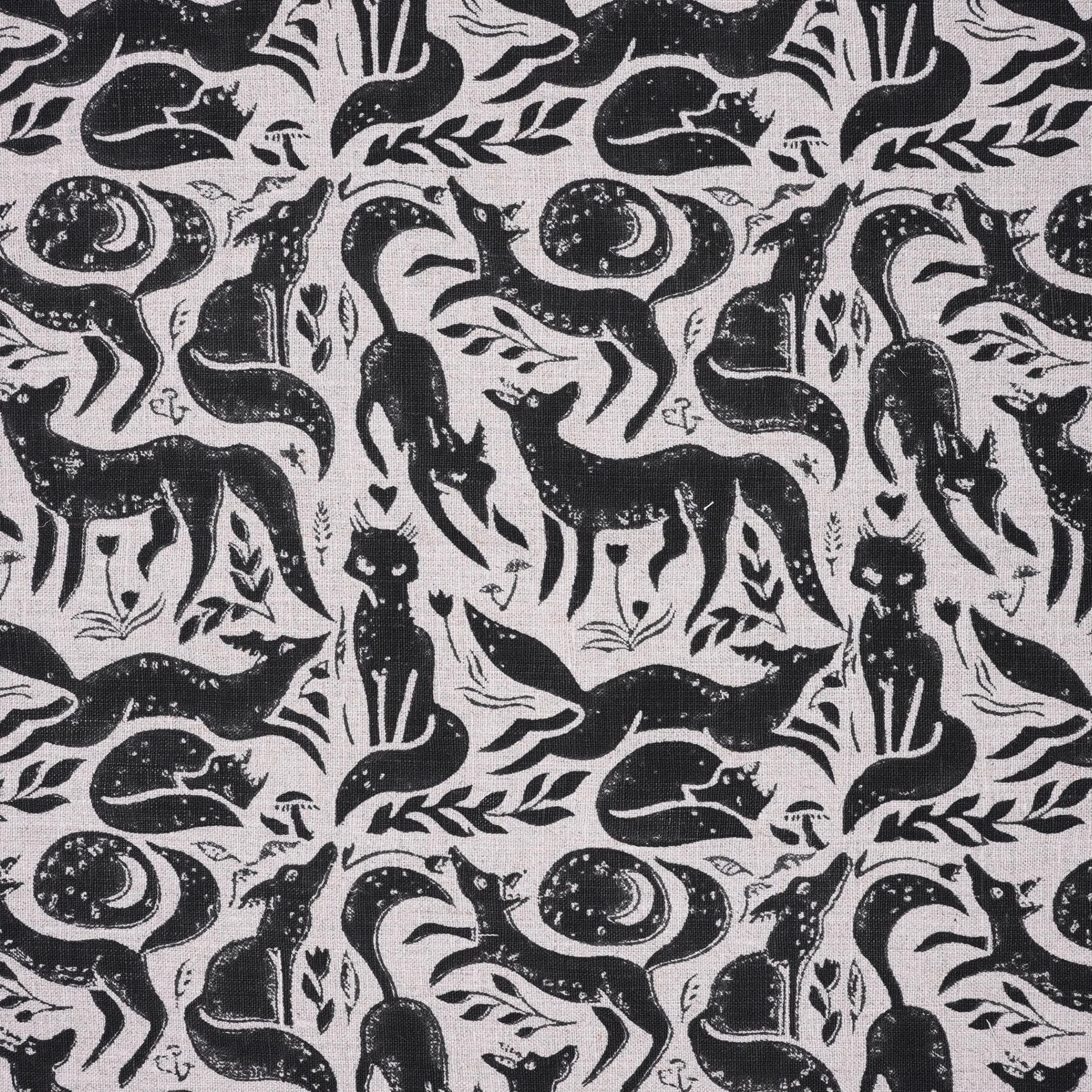 Indian Handmade Black Gehravan Print Textile Fabric on Pure Linen for Upholstery