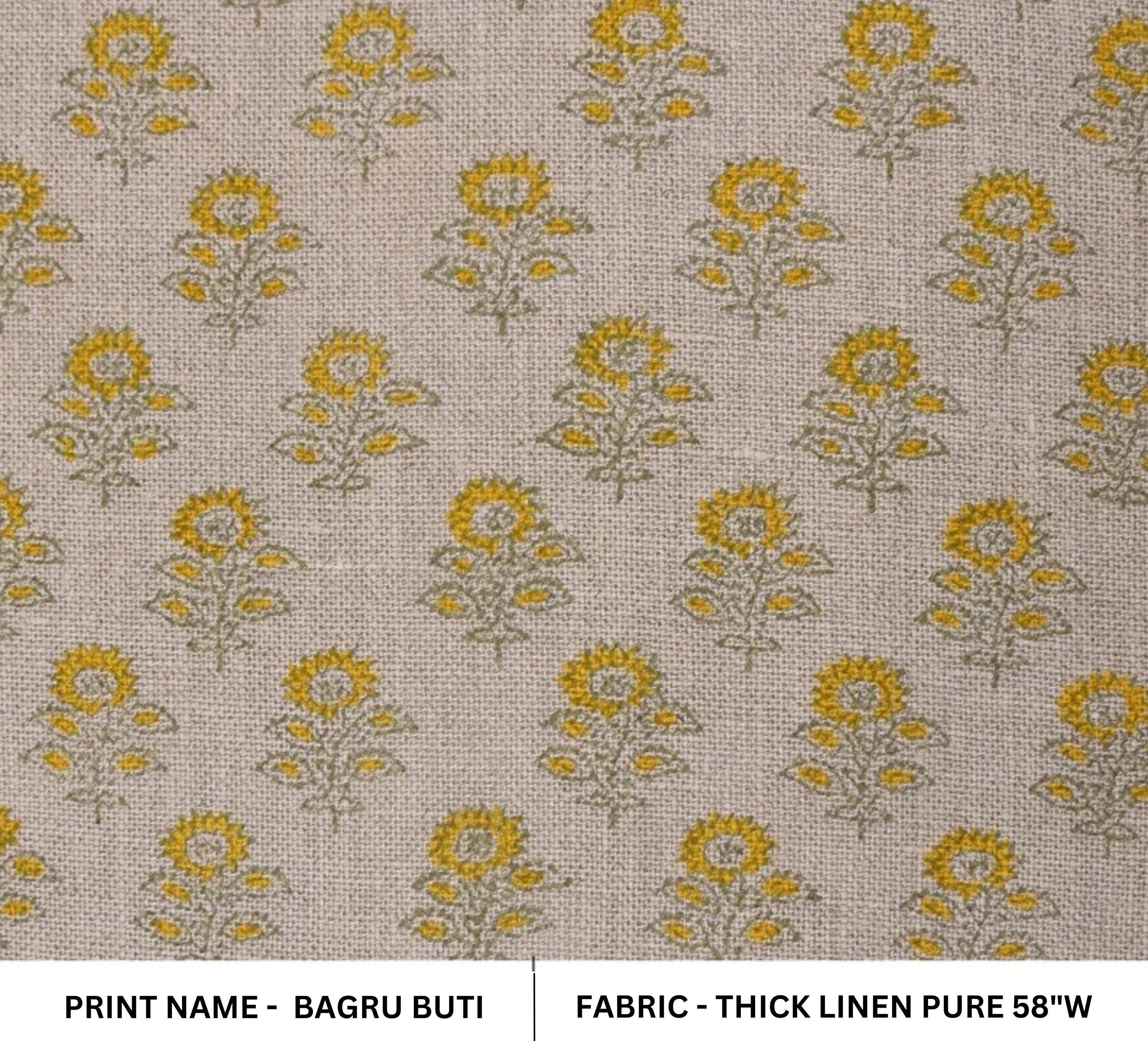 Linen Block Print Fabric 58 Inch Width Heavy Linen Natural Base With Floral Color Curtains and Drapes Upholstery Pillow Covers Tablecloths and Runners Bedding Tote Bag by Fabritual