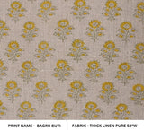 Indian Hand Block Thick Linen 58" Wide Mustard Floral Sofa Cover Fabric on Bagru Buti Print