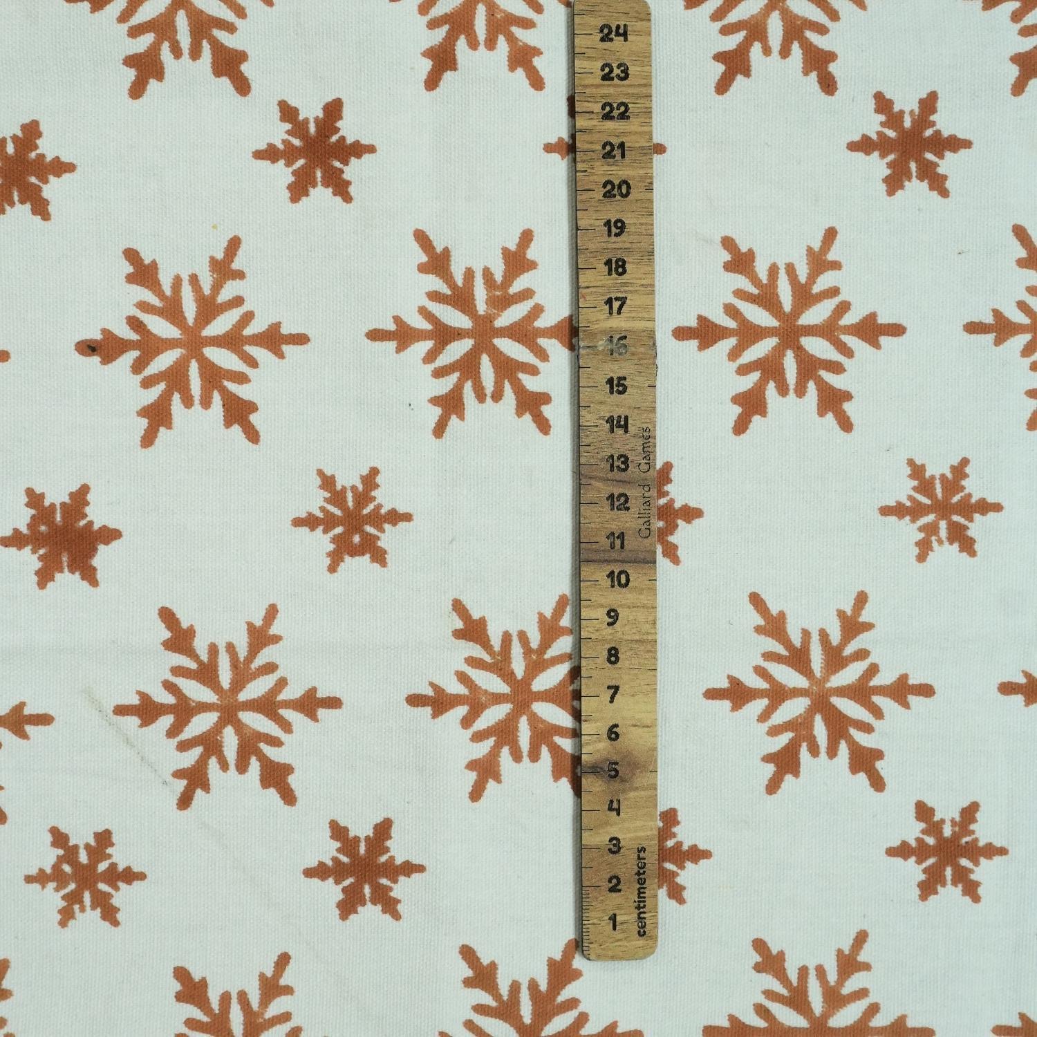 Handmade Brown Stars Block Printed Thick Cotton White Fabric for Festive Decor & Tablecloths – Sparkle