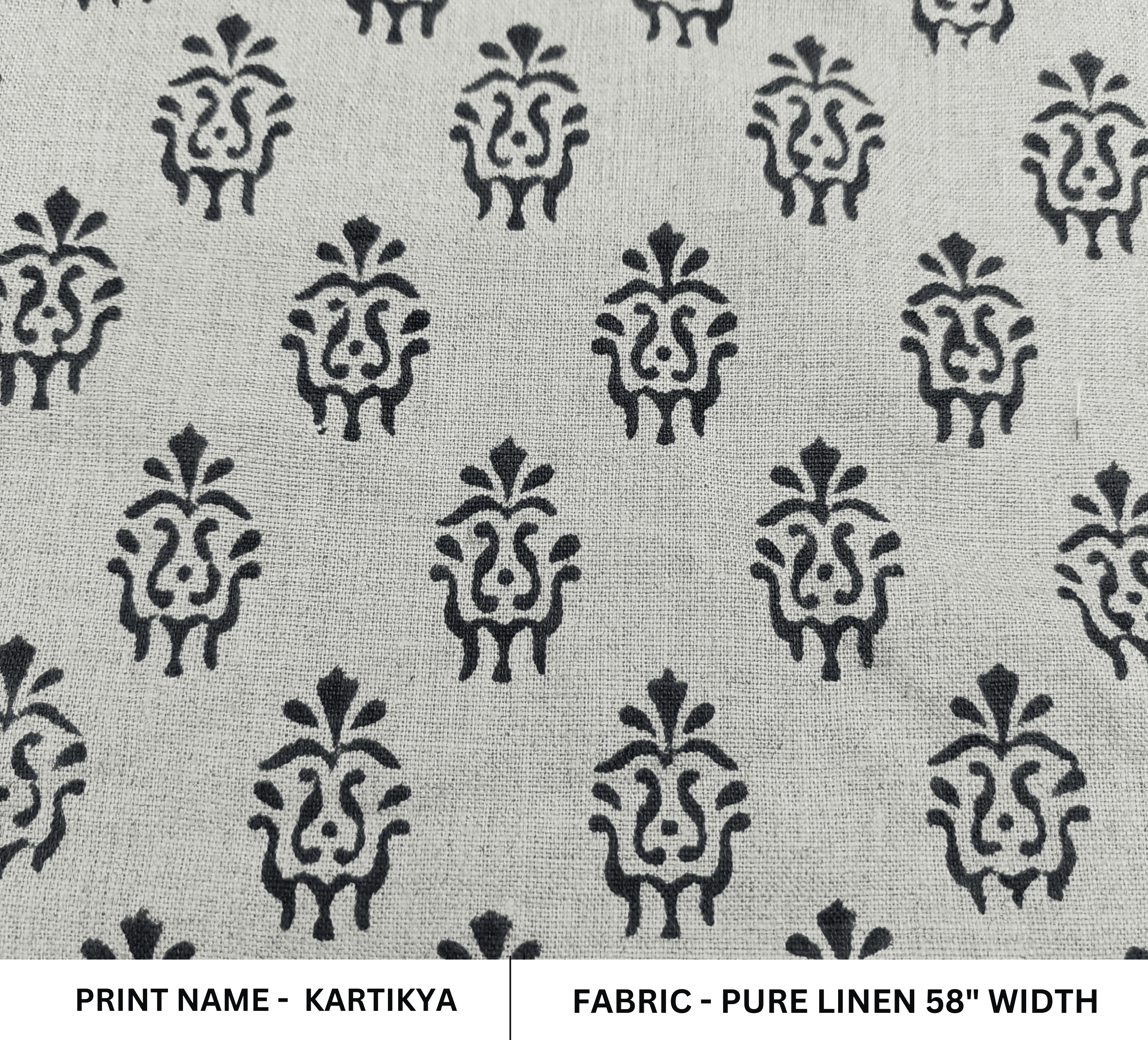 Hand Block Print Black Floral Pure Linen Fabric Room Decor - Kartikya
