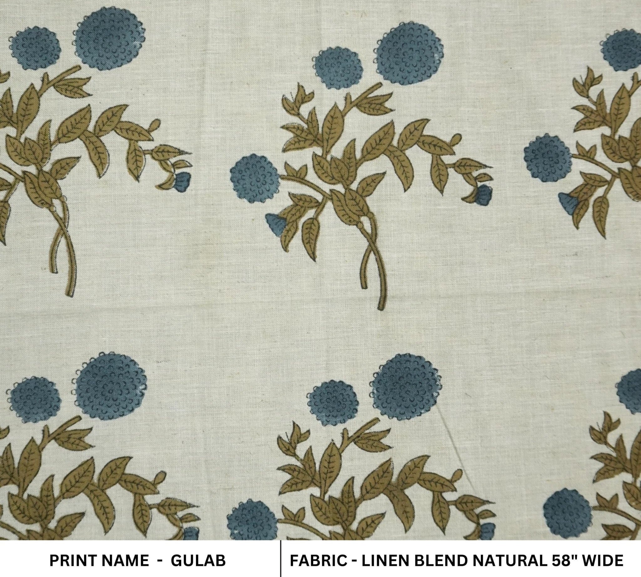 Linen Block Print Fabric Linen Blend 58 Inch Width Light Weight Linen Natural Base Color Curtains and Drapes Upholstery Handmade Art Pillow Covers Tablecloths and Runners Bedding Tote Bag Lampshades Napkins by Fabritual