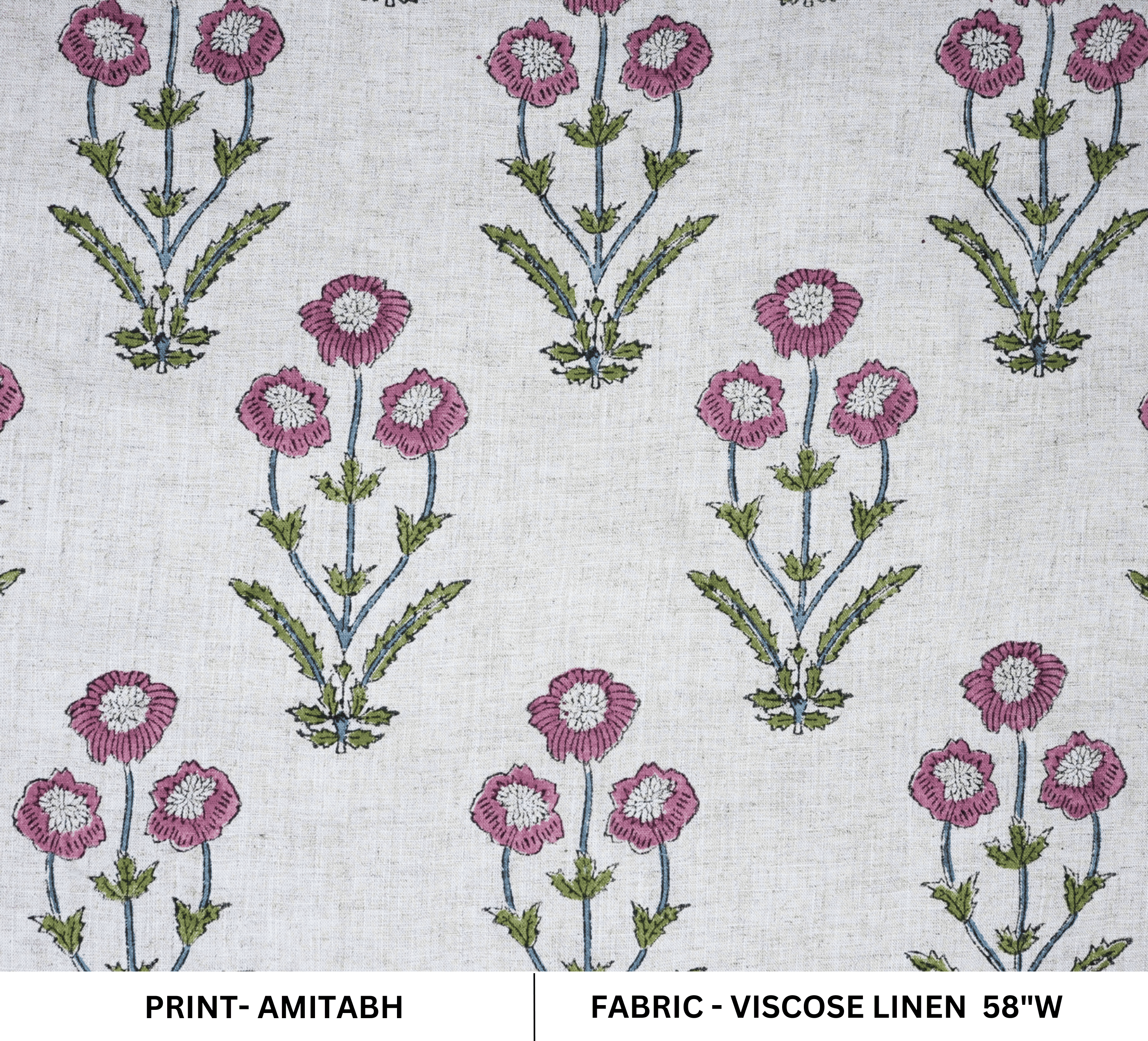 Hand Stamped Block Print Pink Floral Viscose Linen Fabric - Amitabh