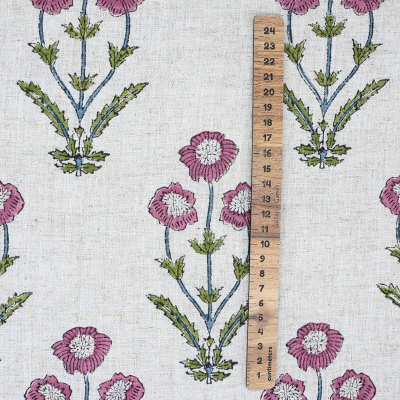 Hand Stamped Block Print Pink Floral Viscose Linen Fabric - Amitabh