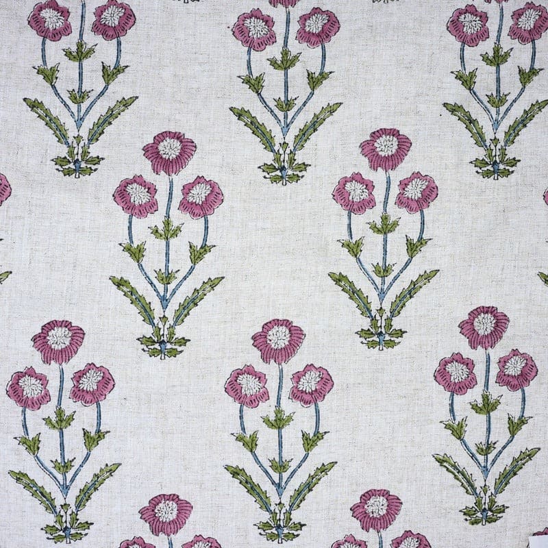 Hand Stamped Block Print Pink Floral Viscose Linen Fabric - Amitabh