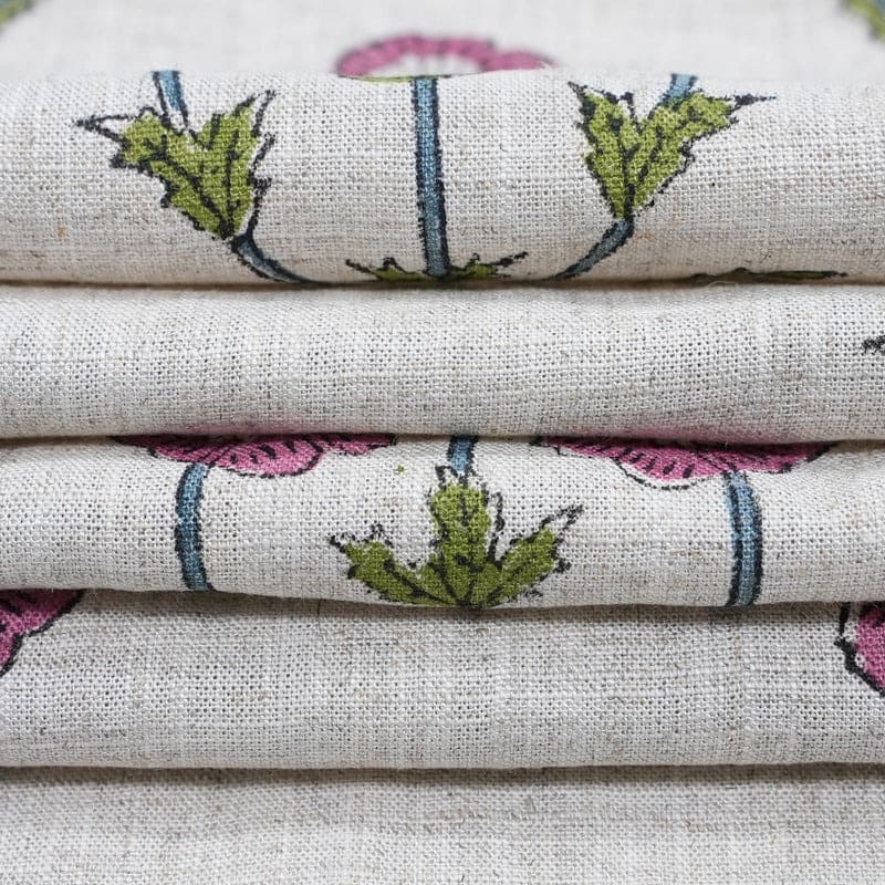 Hand Stamped Block Print Pink Floral Viscose Linen Fabric - Amitabh