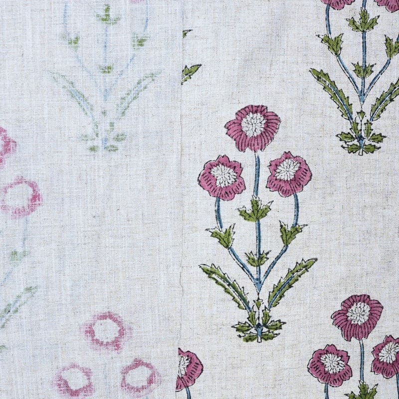 Hand Stamped Block Print Pink Floral Viscose Linen Fabric - Amitabh