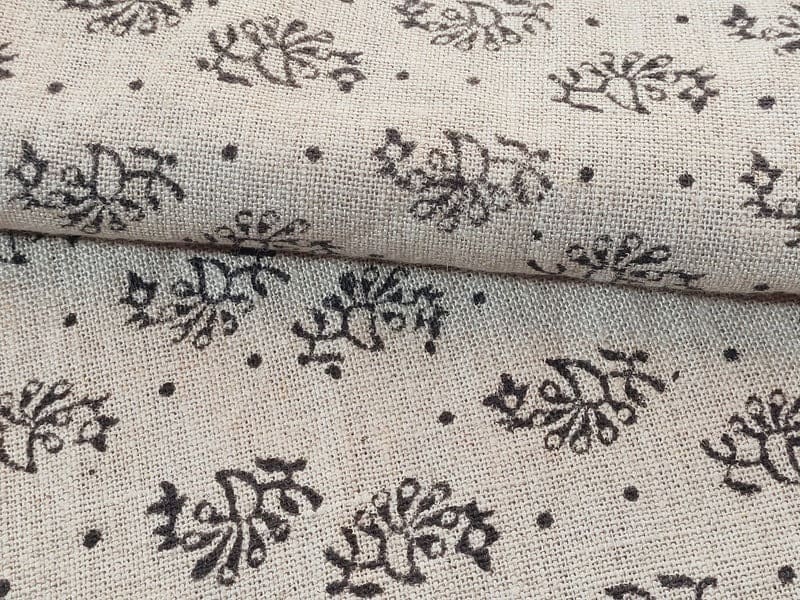 Handcrafted Block Print Black Floral Thick Linen Fabric - Jhumkaa