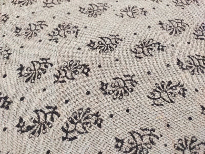 Handcrafted Block Print Black Floral Thick Linen Fabric - Jhumkaa