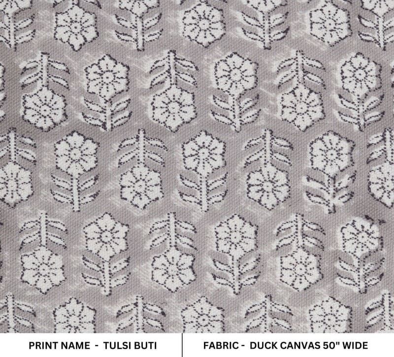 Handcrafted Block Print Silver Floral Duck Canvas Fabric - Tulsi Buti