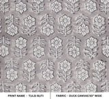 Handcrafted Block Print Silver Floral Duck Canvas Fabric - Tulsi Buti