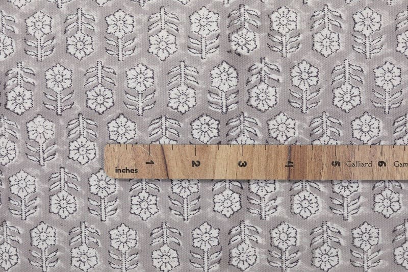 Handcrafted Block Print Silver Floral Duck Canvas Fabric - Tulsi Buti