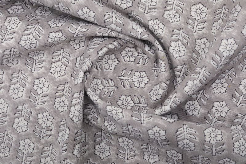 Handcrafted Block Print Silver Floral Duck Canvas Fabric - Tulsi Buti