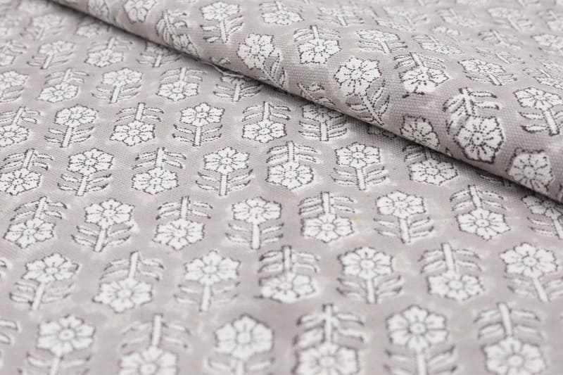 Handcrafted Block Print Silver Floral Duck Canvas Fabric - Tulsi Buti